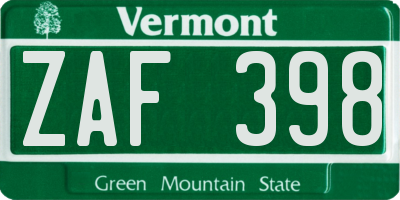 VT license plate ZAF398