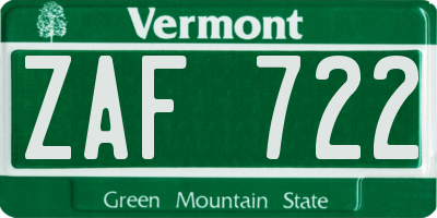 VT license plate ZAF722