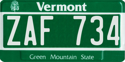 VT license plate ZAF734