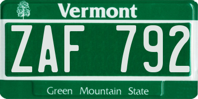 VT license plate ZAF792