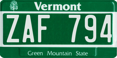 VT license plate ZAF794