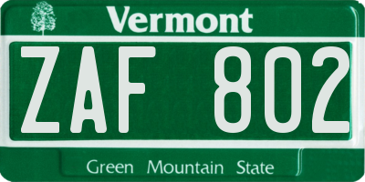 VT license plate ZAF802