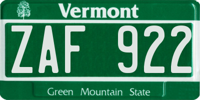 VT license plate ZAF922