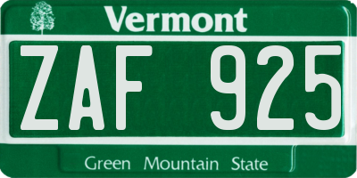 VT license plate ZAF925