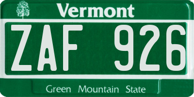 VT license plate ZAF926