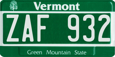 VT license plate ZAF932