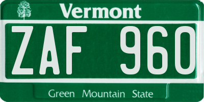 VT license plate ZAF960