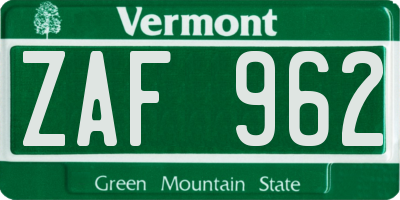 VT license plate ZAF962
