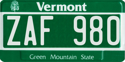 VT license plate ZAF980