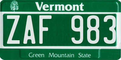 VT license plate ZAF983