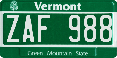 VT license plate ZAF988