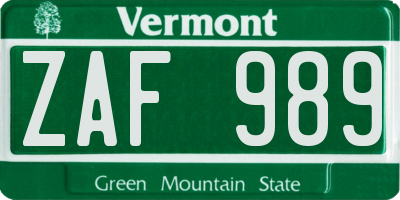 VT license plate ZAF989