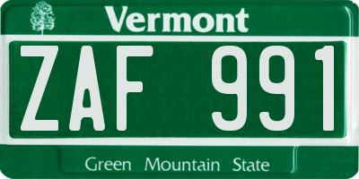 VT license plate ZAF991