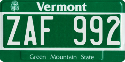 VT license plate ZAF992