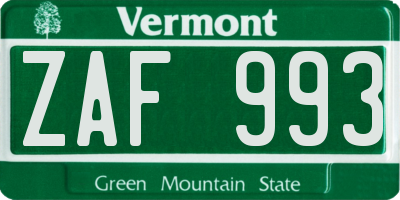 VT license plate ZAF993