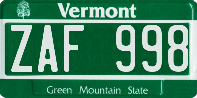 VT license plate ZAF998