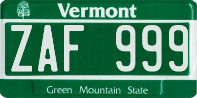 VT license plate ZAF999