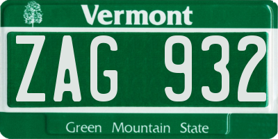 VT license plate ZAG932