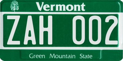 VT license plate ZAH002