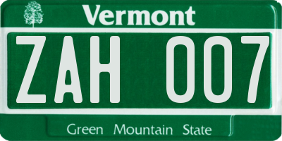 VT license plate ZAH007