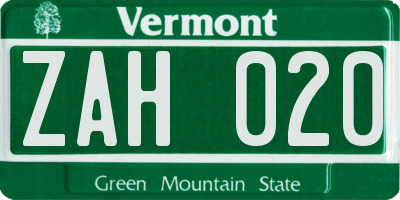 VT license plate ZAH020