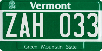 VT license plate ZAH033