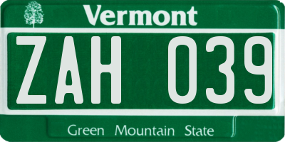 VT license plate ZAH039