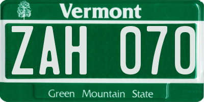 VT license plate ZAH070