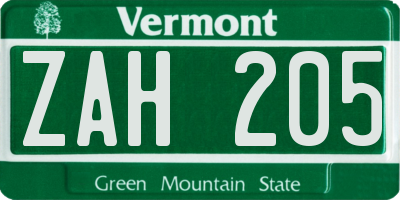 VT license plate ZAH205