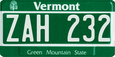 VT license plate ZAH232
