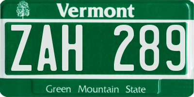 VT license plate ZAH289