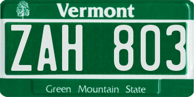 VT license plate ZAH803
