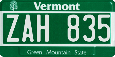 VT license plate ZAH835