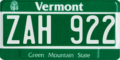 VT license plate ZAH922