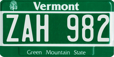 VT license plate ZAH982