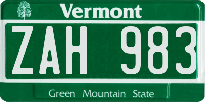 VT license plate ZAH983