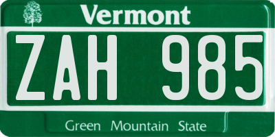 VT license plate ZAH985