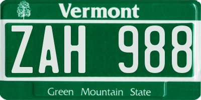 VT license plate ZAH988
