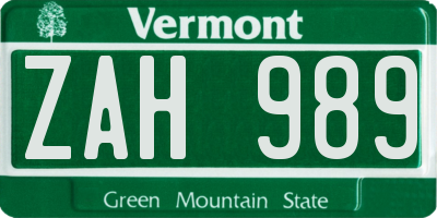 VT license plate ZAH989