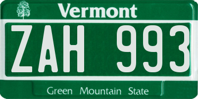 VT license plate ZAH993