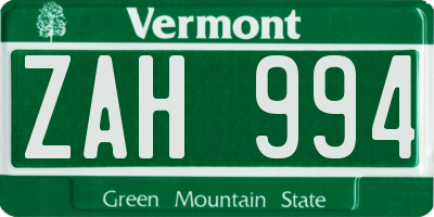 VT license plate ZAH994