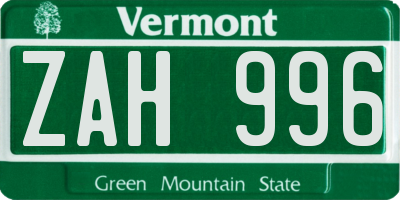 VT license plate ZAH996
