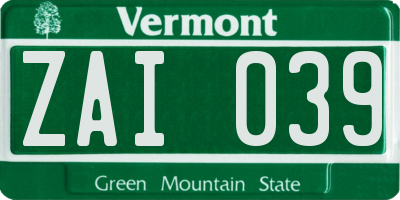 VT license plate ZAI039