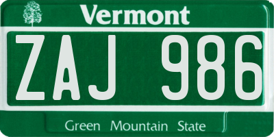VT license plate ZAJ986