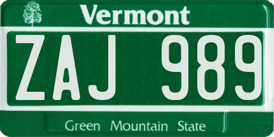 VT license plate ZAJ989