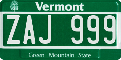 VT license plate ZAJ999