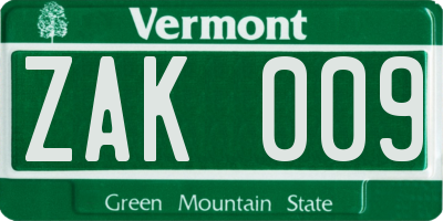 VT license plate ZAK009