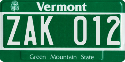 VT license plate ZAK012