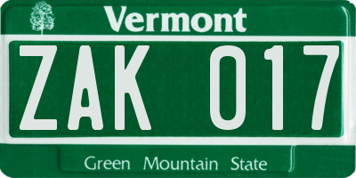 VT license plate ZAK017