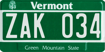 VT license plate ZAK034